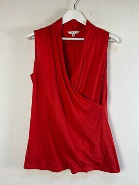 Cabi #115 Womens Red Coral Faux Wrap Crossover Sleeveless Top Blouse Large NWOT